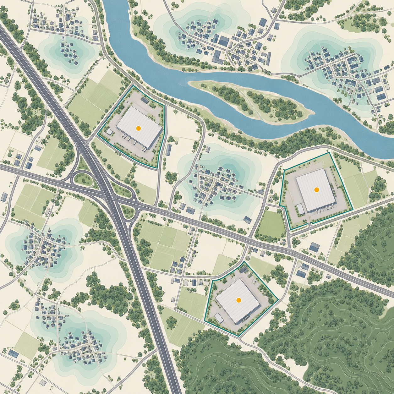 Illustrative map of candidate industrial sites, roads and waterways