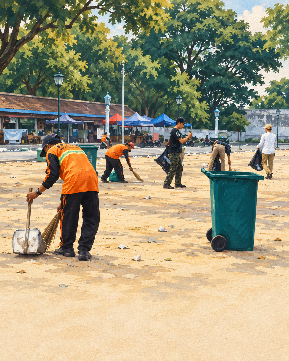 Stylized illustration based on the supplied Surakarta photo, showing a public-space cleanup team sweeping and collecting litter